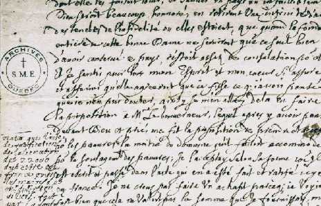 18 janvier 2024 : D’importants documents d’archives reliés à Jeanne Mance découverts à Québec (Transcription de la&nbsp;lettre)